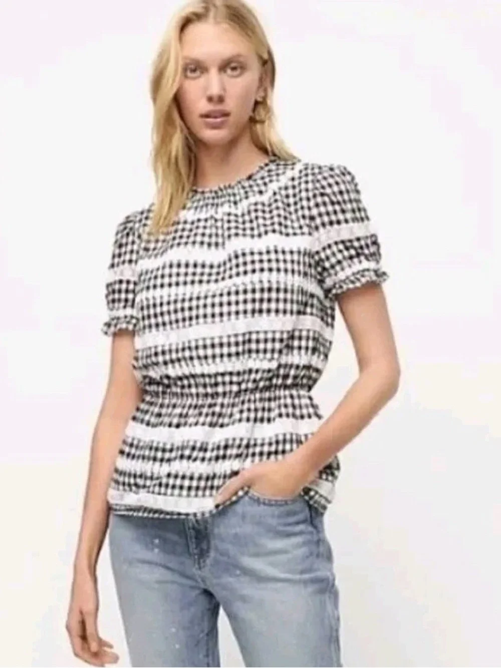EUC J. Crew Black & White Gingham Smocked-Waist Puff Sleeve Top